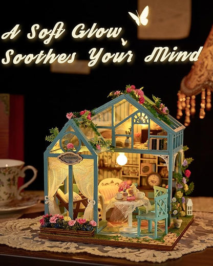 Miniature House Kit Floral Reverie, DIY Tiny House with Furniture & LED Lights, Miniature Dollhouse Kit for Adults & Teens, Creative Decoration Gift for Family Friends