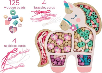 Stephen Joseph, Wooden Holiday Bead Kit for Kids, 125 Wooden Beads with 4 Necklace and 4 Bracelet Cords with Reusable Wooden Tray, Premium Wood Jewelry Making Kit for Kids, Gingerbread House, SJ1070