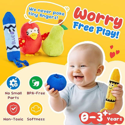 JoyCat Baby Toys 6-12 12-18 Months, Montessori Sensory Toys for 1 Year Old, 12 PCS Pushies with 4 Color Sorting Boxes, Animals Fruit Crinkle Crayon - Whats Inside Boy Girl