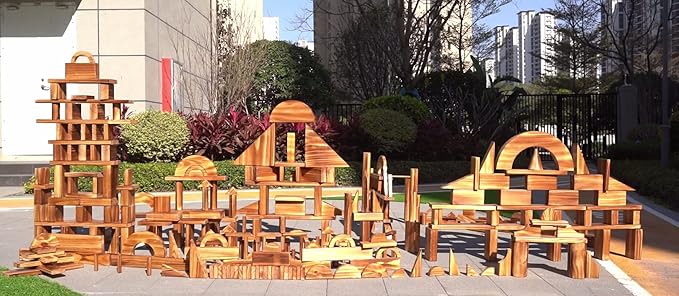 Large Vintage Solid Carbonized Wooden Building Blocks Set for Kids 3-12 Outdoor(57pcs,10.7 lbs), Big Sensory Wood Building Toys for Toddlers, Outside Wooden Blocks for Preschool
