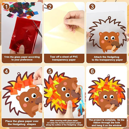 QOUBAI 32 Sets Hedgehog Suncatchers Craft Kit DIY Window Stained Glass Effect Thanksgiving Hedgehog Paper Crafts Home School Classroom Decoration Kid Birthday Gift Creative Art Project Activity Game