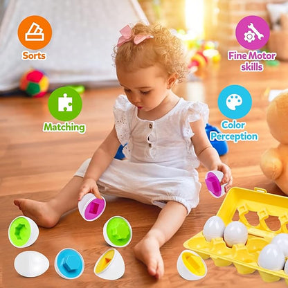 Montessori Geometric Eggs,12 pcs Set Color & Shape Egg Puzzle Toys Matching Eggs for Toddlers 1-3,Preschool Educational Sorting Game Fine Motor Toy Gifts for Kids Boys Girls