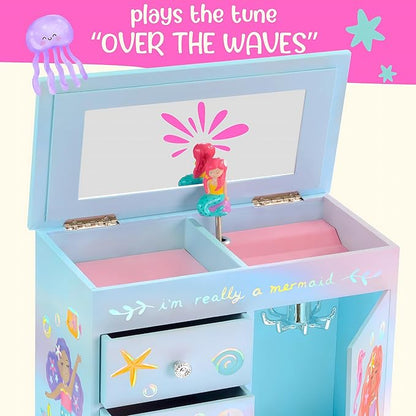 Mermaid Musical Jewelry Box for Girls - Kids Music Box with Drawers, Mermaid Mermaid Gifts for Girls, Mermaid Jewelry Boxes for Ages 3-10 - 9 x 5 x 9.3 in, Blue