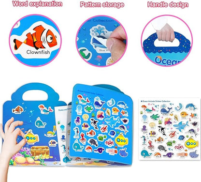 Reusable Sticker Book for Kids, Ocean Stickers Educational Learning Toys Travel Stickers Activity Books for Toddler Girls Boys Age 3+ Birthday Gifts