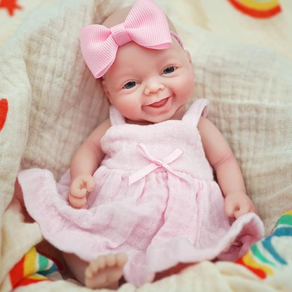 7" Reborn Babies Silicone Full Body Micro Realistic Newborn Doll Lifelike Eyes Open Smile Baby Girl Looking Real with Pink Dress Accessories for Kids Birthday Gift