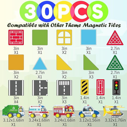 Oriate City Road Set Magnetic Tiles, Rolling Rescue Toy Cars with Construction Building Magnetic Blocks, Educational Road Traffic City Life Magnet Tiles, STEM Toys Gifts for Preschool Kids