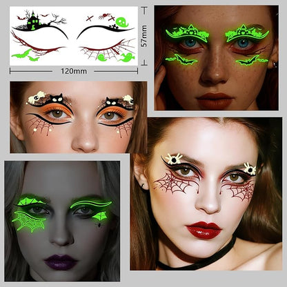 Glow in Dark Halloween Eyeliner Temporary Tattoos for Adults, 12 Pairs Luminous Eyes Fake Tattoos, Gothic Spooky Designs with Spiders Web, Bats, Cats, Skulls, Black