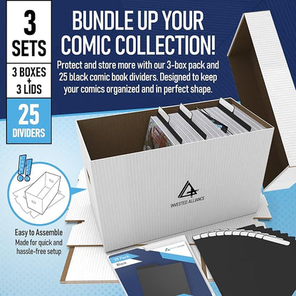 Bundle Set - Premium Short Comic Book Storage Box (3 Pack - White). Thick Cardboard Comic Book Box/Cabinet. Comics Books Bin for 150-175 Collectibles & Black Comics Books Dividers (25 Pack)