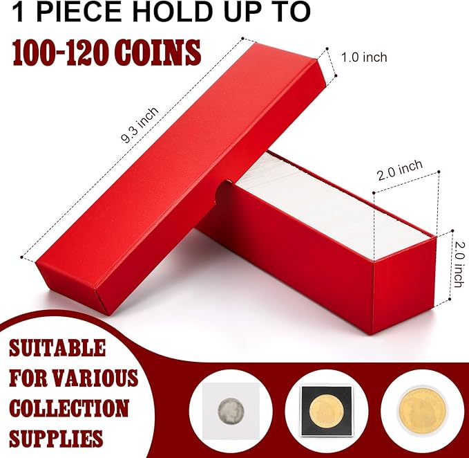 Teling 8 Pcs Coin Storage Box 2x2inch Flip Holders Collectors Coin Supplies Holders for Cents Collection Cardboard (Red)