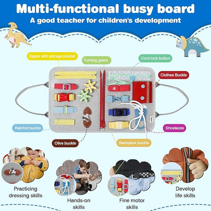 Busy Board Montessori Toys for 1 2 3 4 Year Old Boy & Girl Birthday Gifts, Autism Sensory Travel Toy for Toddlers 1-3, Educational Activity Sensory Board Learning Fine Motor Skills Toys, Gray