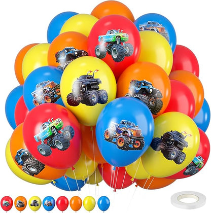Monster Truck Balloons, 12 Inch Red Yellow Blue Orange Balloons Colorful Truck Theme Printed Latex Balloon Bouquet for Monster Truck Party Baby Shower Wedding Birthday Party Supplies