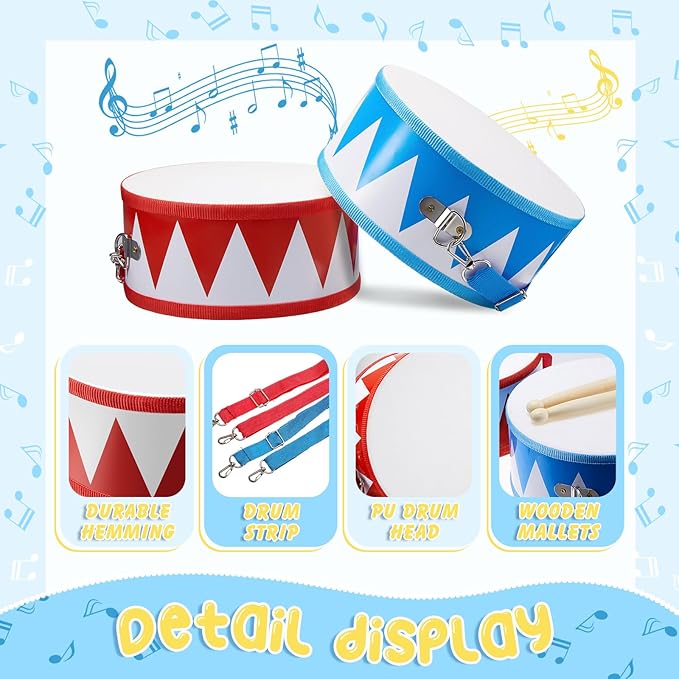 Boao 4 Pcs Kids Drum Set, 8 Inch Toddler Drum Wooden Toy with Adjustable Strap and 4 Drumsticks, Educational Sensory Musical Instrument for Toddlers Kid Baby Boys Girls Gift (Flag)