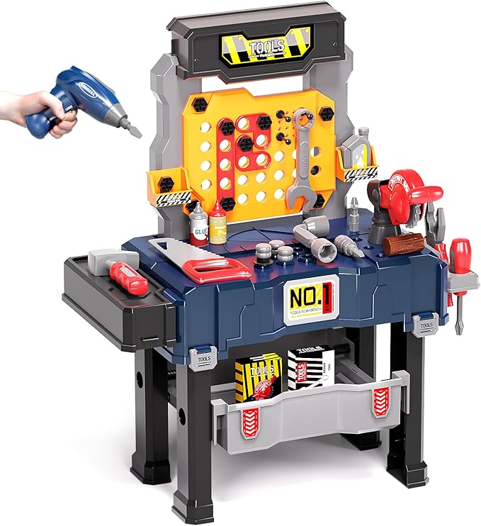 Deejoy Kids Tool Bench with Realistic and Electric Drill, Construction Workbench Toys for Toddlers 3-5, Toddler Bench Set for Boys & Girls Age 3-4