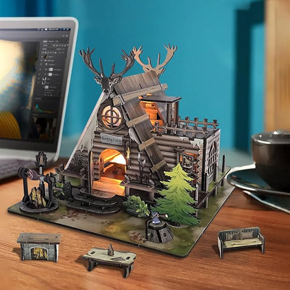 Model Kit Adult Miniature House Kit, Doll Houses Book Nook DIY Kit with Furniture and USB -LED Light, Bookshelf Miniature Scenes, Dollhouse Kits for Adults, Children (Hunting-Cabin)
