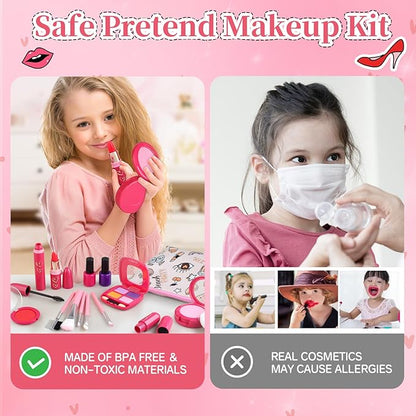 Toddler Girls Toys Pretend Makeup Kits - Fake Makeup Set Toys for Kids 3 4 5 6 Year Old, Play Makeup Gift for Little Girls 3-5, Toddler Makeup Kit with Fake Makeup Toy Birthday Gift (Beige)