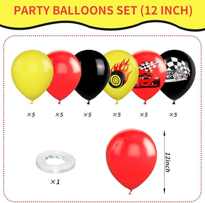 Race Car Balloons, 12 Inch Red Yellow Black Race Car Party Supplies Checkered Flags Racing Party Printed Latex Balloons for Race Fans Birthday Party Fast Birthday Party Decorations Supplies