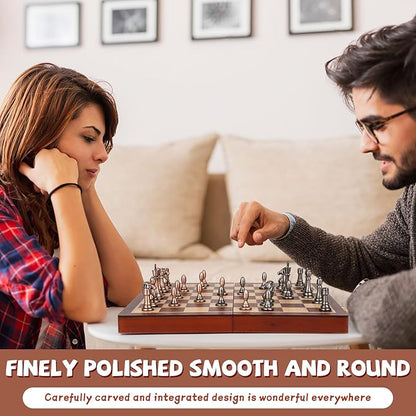 12-Inch Metal Chess Set Pieces – Wooden Chess Board Set Folding Travel Chess Sets,Metal Bronze & Silver Chessmen, Bonus 2 Extra Queens, Portable and Durable Classic Chess Game for Kids and Adults