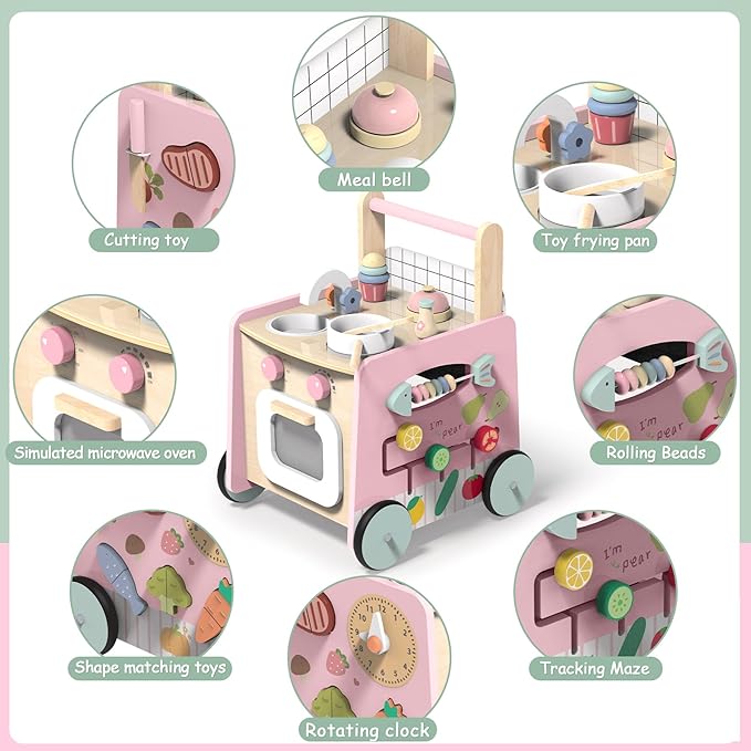 Wooden Baby Walker 4-in-1 with Push Walker Toys, Play Kitchen Accessories, Toddlers Montessori Sensory Toys, Walking Toys for Baby Girls Boys Learning to Walk