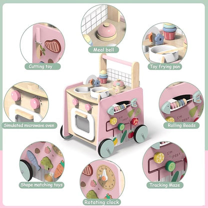 Wooden Baby Walker 4-in-1 with Push Walker Toys, Play Kitchen Accessories, Toddlers Montessori Sensory Toys, Walking Toys for Baby Girls Boys Learning to Walk