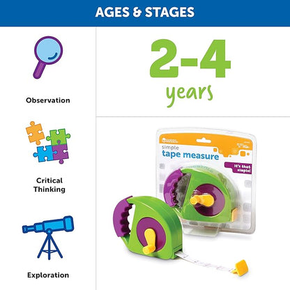 Learning Resources Simple Tape Measure, Ages 3+, Retractable Toy Tape Measure, Measures 4 Feet, Construction Toy for Kids,Back to School