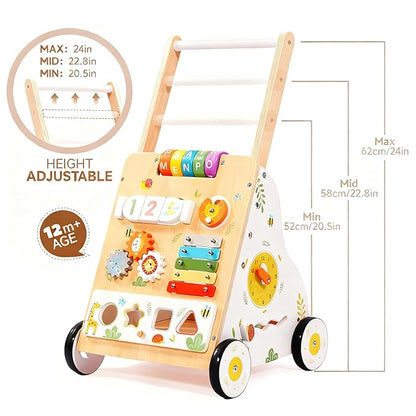 Wooden Baby Walker Push Toy for Infants 1-3 Years Learning to Walk, Adjustable Speed Activity Walker with Montessori Toys, First Birthday Gift for Boys & Girls