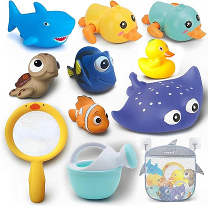 Bath Toys for Kids Ages 1-3, No Hole Bath Toys for Babies 6-12 Months, Wind-up Ducks Baby Pool Toys, Rubber Duck Watering Can Fishing Net Water Toys for Toddlers, Bath Toy Storage, Halloween Toy