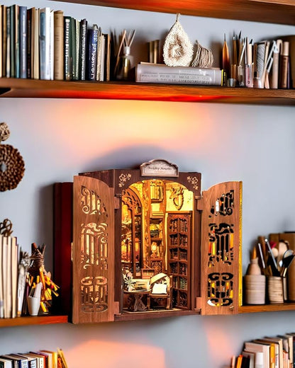 Fsolis Book Nook Kit, DIY Miniature Dollhouse Kit 3D Puzzles for Adults and Beginners, 127 Wooden Pieces, Tiny House Mini Booknook Craft Bookshelf Decor, Gifts for Women Book Lovers(Bookshop Memory)