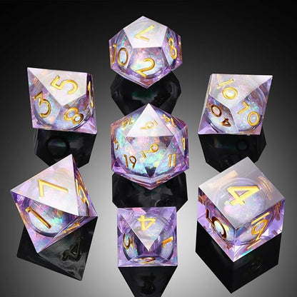 Lilac Liquid Core DND Sharp Dice,DNDND 7PCS Glitter Sparkle Sharp Edge D&D Dice with Gift Case for Dungeons and Dragon Game (Lilac)