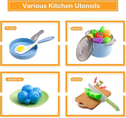 35Pcs Kids Kitchen Toy Accessories, Toddler Pretend Cooking Playset with Play Pots, Pans, Utensils, Cookware, Play Food Set, Toy Vegetables, Learning Gift for Girls & Boys (Blue)