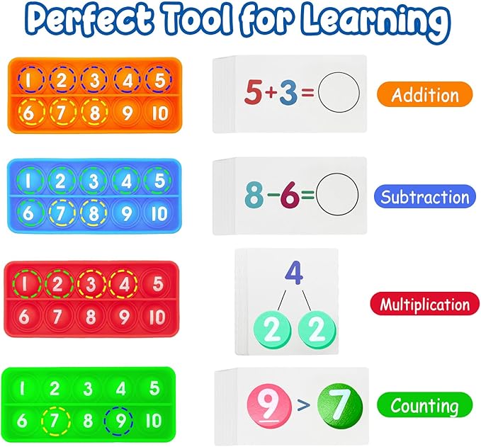 Math Flash Cards + Popper Fidget Board, Addition & Subtraction Times Table Chart, Counting Number Math Manipulatives Game, Educational Toy for Kindergarten Classroom Kids 1st 2nd 3rd