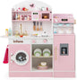 INFANS Kids Kitchen Playset, Toddler Wooden Kitchen Pretend Cooking Toy Set with Coffee Maker Ice Machine Dishwasher Microwave Storage Cabinet, Simulation Play Kitchen for Boys Girls 3+ (Pink)