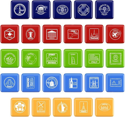 28 Pcs Passport Stamps for Kids with Storage Box – City and Country Rubber Stamp Set for Learning, Travel Theme, Arts and Crafts, Scrapbooking, Classroom Activities