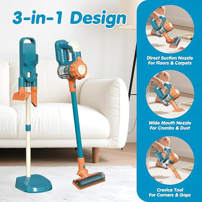 3-in-1 Kids Vacuum That Really Works – Working Toddler Vacuum Cleaner with Real Suction, Montessori Pretend Play Cleaning Toy Gift Set for Boys and Girls Ages 3+