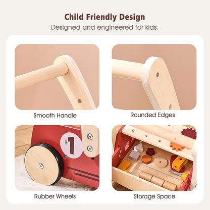 3-in-1 Wooden Baby Walker Adjustable Height with Tool Bench and Toy Storage Wagon - Multifunctional Toddler Push Walker Ergonomically Designed for Natural Walking - 3+ Years of Continuous Use