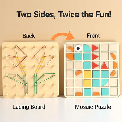 2-in-1 Wooden Geoboard & Mosaic Geometric Shape Pattern Blocks Puzzle,Double-Sided Montessori with 120 PCS Blocks, 40 Rubber Bands, 30 Cards,Brain Teaser