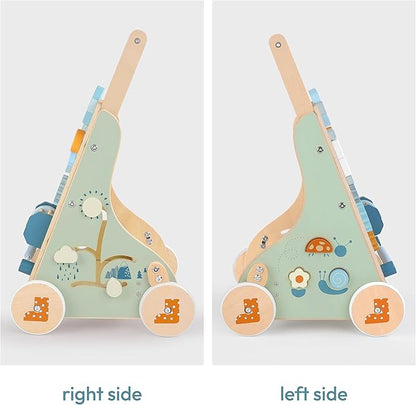 PairPear Wooden Baby Walker, Baby Push Walker, Montessori Walker Toy with Activity Center for Girls Boys, Adjustable Speed Baby Walker for Kids Development