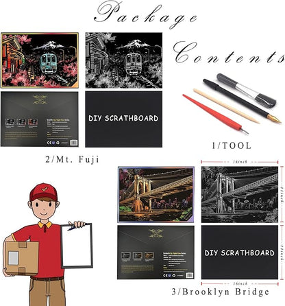 Scratch Rainbow Painting Art Paper,Scratch Art Crafts Set for Adults&Kids,Scratch Painting DIY Creative Gift with 4 Tools,16''x11''(Mt. Fuji&Brooklyn Bridge)