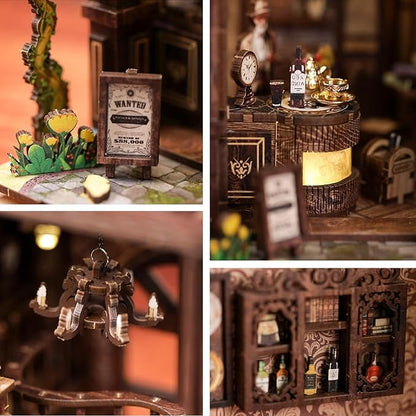 ISSEVE Book Nook Kit, DIY 3D Wooden Puzzle Dollhouse Booknook for Adults, Tiny Miniature House Kit Bookshelf Decor with LED Light and Dust Cover, Gifts for Family and Friends (Coffee House)