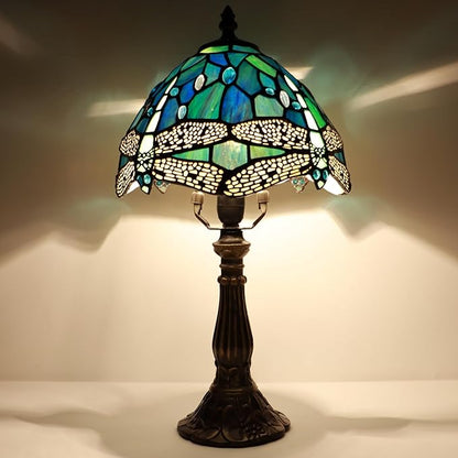 Small Tiffany Lamp Mini Accent Table Lamp Stained Glass Desk Memory Lamp Sympathy 8X14.5 Inch (Sea Blue Dragonfly Style)