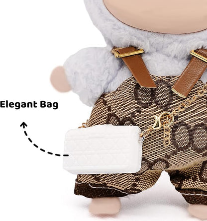 Clothes Compatible with Labubu 17cm Dolls, Premium Handmade Dolls Accessories with Chic Grid Hat & Rompers & Bag 3 Piece Set, High-End Fashion Outfit for Play & Display, No Doll, Brown