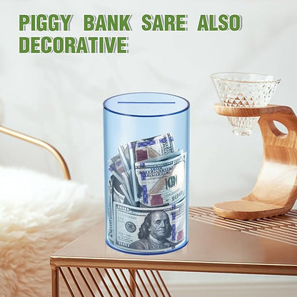 Clear Piggy Bank for Adults/Kids, Acrylic Unopenable Money Box for Cash Coin Saving, Must Break to Open, Money Saving Jar for Adults Boys Girls, Size 8" H x 5" Diameter(Blue)