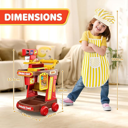Kids Kitchen Playset - Pretend Play Restaurant Food Set for Toddlers with Cart, Grill and Apron Play Kitchen Toys Accessories with Lights and Sounds Christmas Birthday Gift for Kids Girls Boys Ages 3+