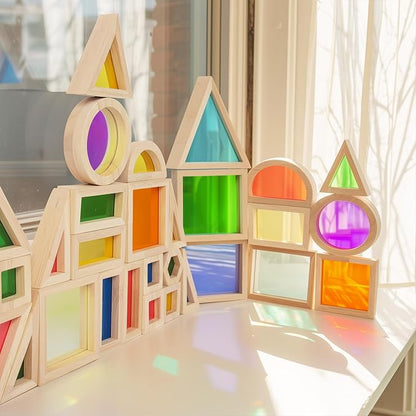 Wood Building Blocks Set for Kids, 32 Pcs Rainbow Stacker Stacking Game Construction Toys Set Preschool Colorful Learning Educational Toys, Geometry Wooden Blocks for Boys Girls