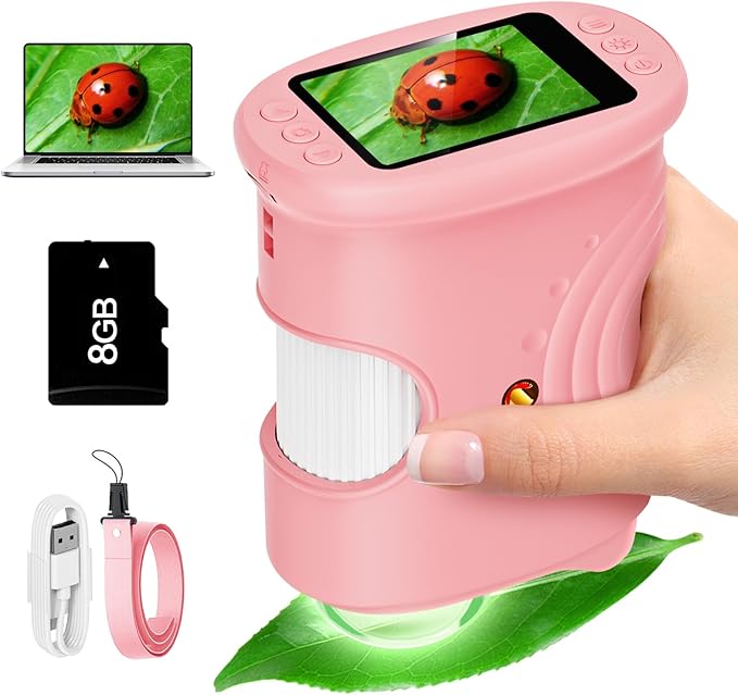 Kids Microscope Digital 1000X Zoom, Mini Pocket Handheld Microscope Portable Travel Toys, HD Photo & Video with 8GB SD Card, Christmas Birthday Gifts for Girls, STEM Toys for Toddlers Age 3-8