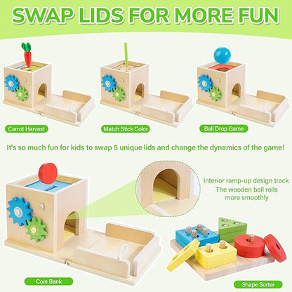JUSTWOOD Montessori Toys for 1+ Year Old, 8-in-1 Wooden Play Kit Includes Object Permanent Box, Learning Activity Cube, Sorting & Stacking Toy, Carrot Harvest Game, Gift for Boys Girls Age 12+ Months