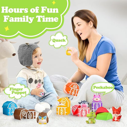 Oriate Farm Animal Learning Toys for Toddlers 1,2,3 Year Old, 20Pcs Farm Animals Montessori Toy for Counting Sorting Color Recognition & Matching, Finger Puppets & Stacking Toys 12M+