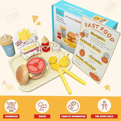 Wooden Play Fast Food Set Play Kitchen Accessories, Pretend Play Food Hamburger French Fries Toy, Restaurant Play Set Role Play Toys for Toddlers,Educational Birthday Gifts for Boys Girls