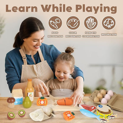 Lehoo Castle Wooden Play Food Sets for Kids Kitchen, Food Toys for Toddlers 3+ Year Old, Pretend Food Play Kitchen Accessories, Cutting Fruits Vegetables Toys, Gift for Boys Girls