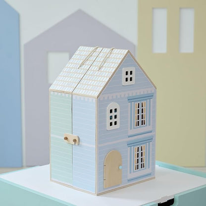 Olivia's Little World Folding Wooden Dollhouse – 3-Story Portable Playhouse with Furniture, Family Figures & Pet, Built-in Carry Handle, Compact Fold-Up Design Toy for Ages 3+