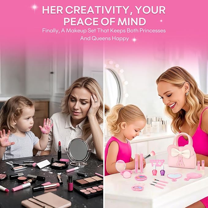 Kids Real Makeup Kit for Girls - 18Pcs Non-Toxic Washable Make Up Toys with Initial Toddler Purse - Personalized Birthday Gifts for Age 3 4 5 6 7 8 9 10 Years Old Girls Vanity Set - T